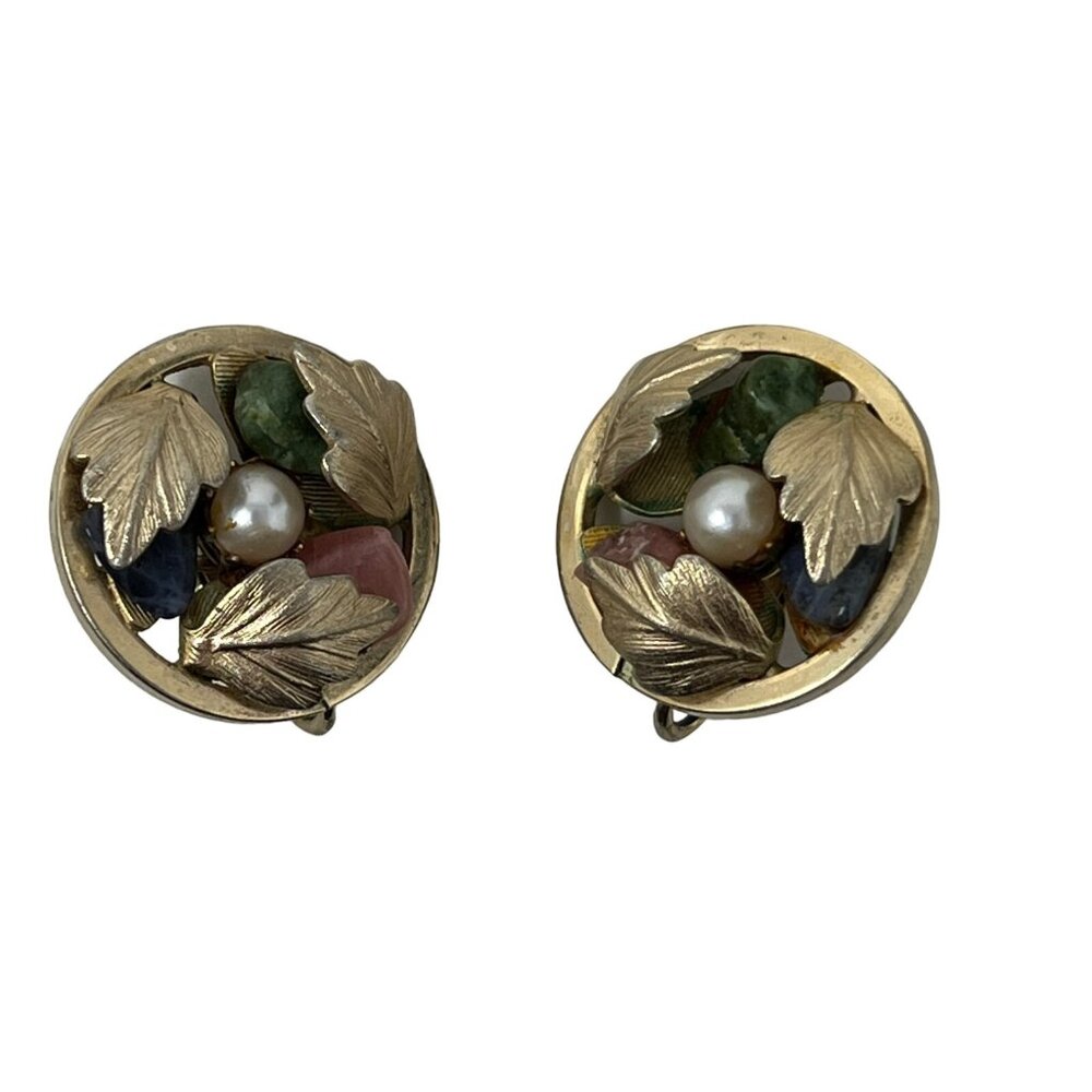 Vintage Sarah Coventry Clip On‎ Earrings Leaf Faux Pearl Pink Green Blue Stones